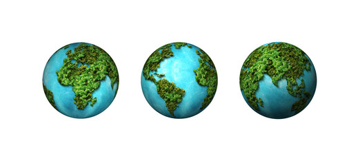 Green World Map- 3D tree or forest shape of world map isolated on white background. World Map Green Planet Earth Day or Environment day Concept. Green earth with electric car. Paris agreement concept.
