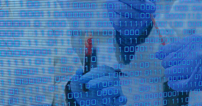 Image of binary code over hands of lab workers - Powered by Adobe