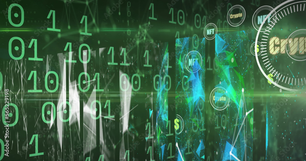 Poster image of crypto in circle over binary code on green background