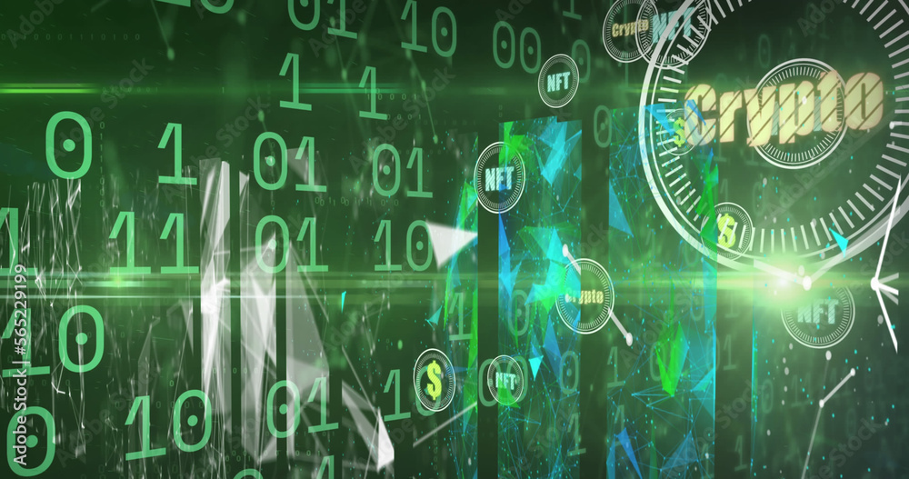 Poster image of crypto in circle over binary code on green background