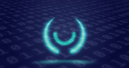 Image of neon circle with power over binary code on digital screen