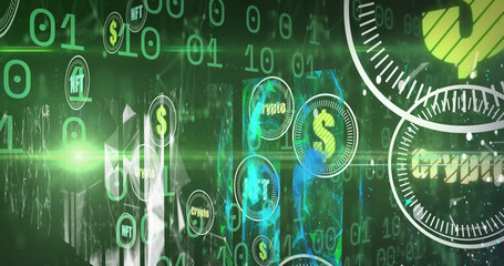 Image of crypto in circle over binary code on green background