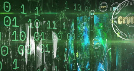 Image of crypto in circle over binary code on green background