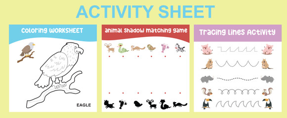 3 in 1 Activity kit animals edition for preschool and kindergarten kids. Educational printable worksheet. Colouring page, tracing lines, matching the shadows worksheet. Vector file.