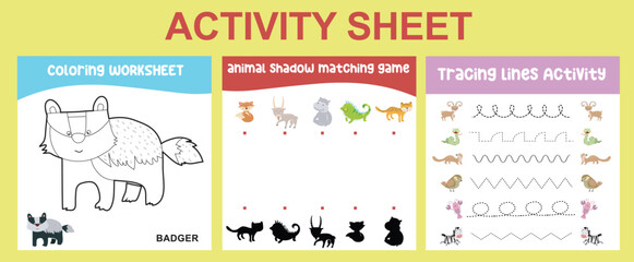 Obraz premium 3 in 1 Activity kit animals edition for preschool and kindergarten kids. Educational printable worksheet. Colouring page, tracing lines, matching the shadows worksheet. Vector file.