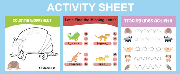 3 in 1 Activity kit animals edition for preschool and kindergarten kids. Educational printable worksheet. Colouring page, tracing lines, matching the shadows worksheet. Vector file.