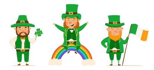 St. Patrick's Day set of different characters of leprechauns in different suits. Vector Illustrations. Cheerful men character. Rainbow, clover and Irish flag. For design and stickers