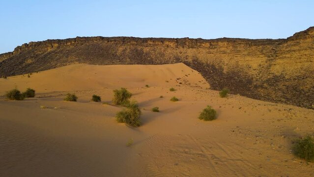 Sand Dune Cliffs in Sahara Desert, Mauritania, Africa - Aerial Establishing