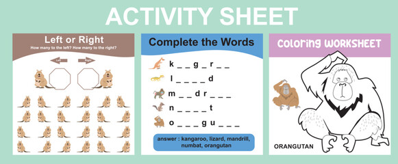 3 in 1 Activity kit for preschool and kindergarten kids with animal theme. Educational printable worksheet. Colouring page, counting how many animals are left or right, and missing letters worksheet. 