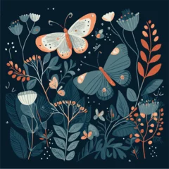 Seamless kiddy cartoon cute funny butterfly butterflies flowers floral plant leaf nature forest, muzzle with faces and winking eyes, pastel bright color. Scandinavian Boho Nursery playroom © Sandra