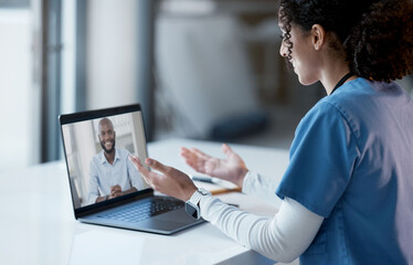 Video call, laptop and doctor consulting online, virtual healthcare or telehealth service for...
