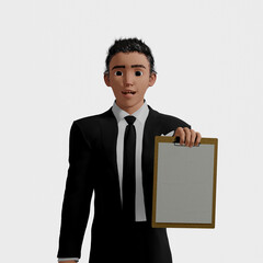 3d render. Cartoon character cute young man with clipboard isolated on white background. explaining plan or presenting a plan. Caucasian male wears suit. Business concept