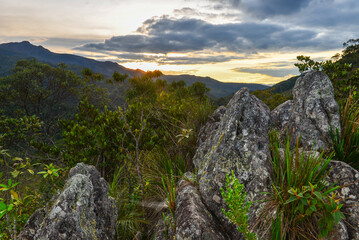 Sunset on a rocky trail in the Caraça Natural Park, Santuário do Caraça, Catas Altas, Minas Gerais state, Brazil