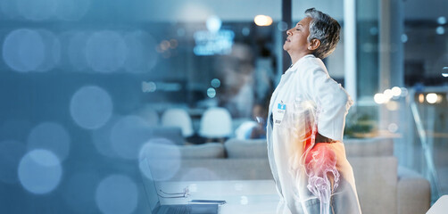 Elderly woman, doctor with back pain, spine injury with anatomy red overlay, burnout and fatigue with emergency. Health, hospital and bokeh with muscle inflammation and medical mockup with rheumatism