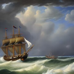 Fototapeta na wymiar An oil painting of a ship at sea during a storm 2 Generative AI