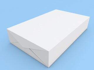 White A4 paper packaging on a blue background. 3d render illustration.