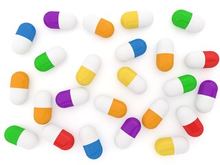 Pills medical multi-colored on a white background. 3d render illustration.