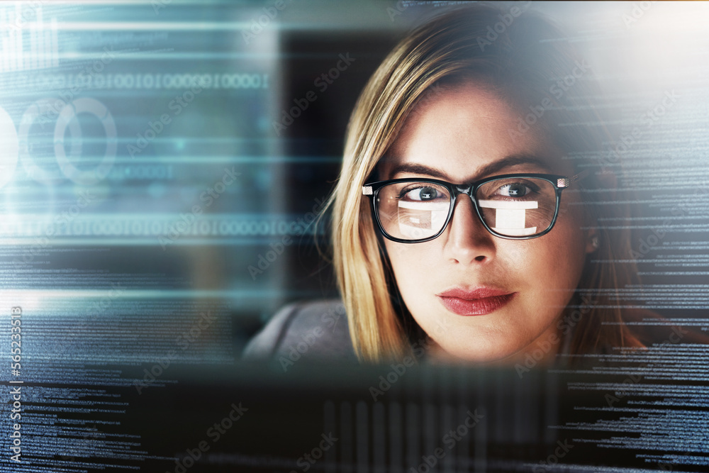 Poster Hologram, crypto overlay and futuristic data with a business woman thinking about 3d networking code. Computer research, future finance idea and stock market employee reading financial investment