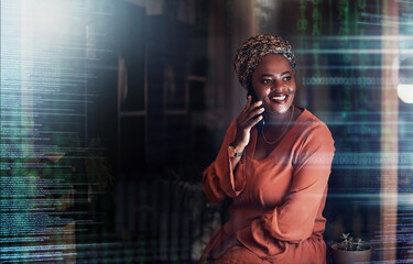 Digital overlay, futuristic or black woman on phone call for communication, networking or contact us at night. Stock market, happy or trading girl with smile for financial investment growth planning