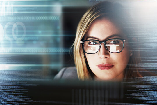 Hologram, crypto overlay and futuristic data with a business woman thinking about 3d networking code. Computer research, future finance idea and stock market employee reading financial investment