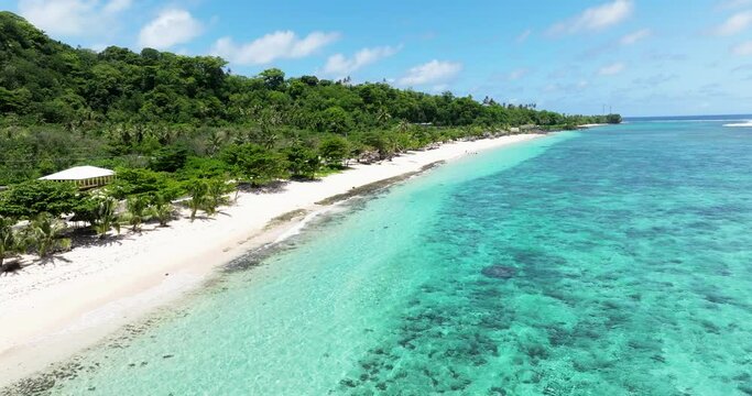 Untouched White Sand Beach Of Lalomanu Surrounded By Picturesque Thickets Of Tropical Greenery In Samoa. aerial