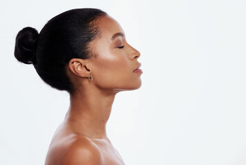 Black woman, facial profile and beauty in studio, isolated white background and mockup. Female...