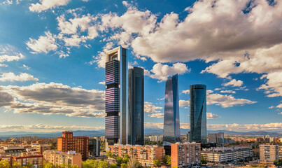 Madrid Spain, city skyline at financial district center with four towers