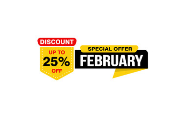 25 Percent FEBRUARY discount offer, clearance, promotion banner layout with sticker style. 