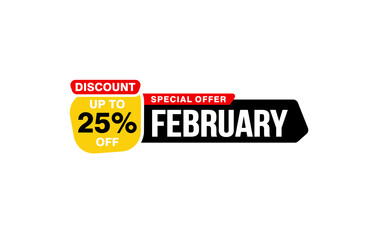 25 Percent FEBRUARY discount offer, clearance, promotion banner layout with sticker style. 