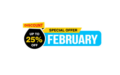 25 Percent FEBRUARY discount offer, clearance, promotion banner layout with sticker style. 