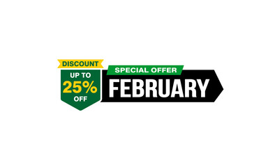 25 Percent FEBRUARY discount offer, clearance, promotion banner layout with sticker style. 
