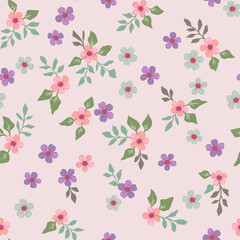 Vector floral seamless pattern with small vintage-style flowers on a pale pink background. For fabrics, textiles and design.