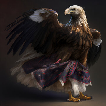 sharp-clawed and fierce-looking eagle in a flowing maxi skirt