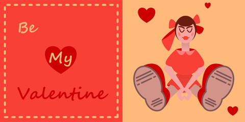 Valentine vector greeting card with cute smiling girl and hearts