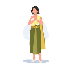 thai woman in Thai traditional costume, say hello Sawasdee. Thai people greeting "Sawasdee". Flat vector illustration