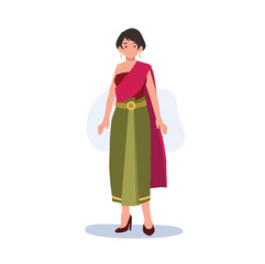 Woman in Thai traditional clothes. Traditional southeast asian costume, Thailand. Flat vector illustration