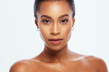 Black woman, portrait and skincare in studio, white background and isolated mockup. Face of female...