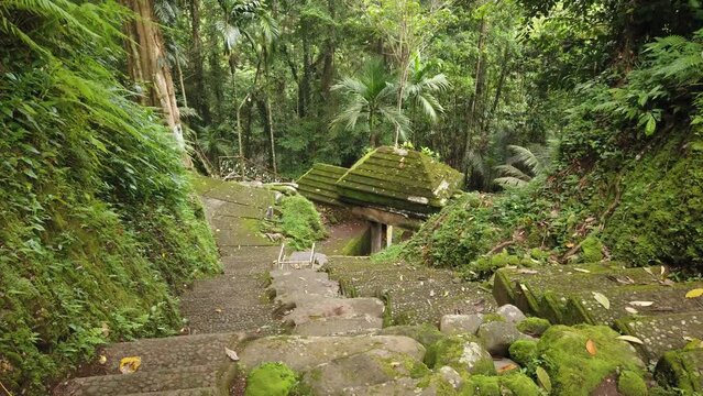 Lush Forest Jungle Entrance of Goa Garba Temple, Bali, Indonesia, Balinese Ancient Stone Architecture from 12th Century, Sacred Hinduism, Peaceful and Meditative Asian Atmosphere