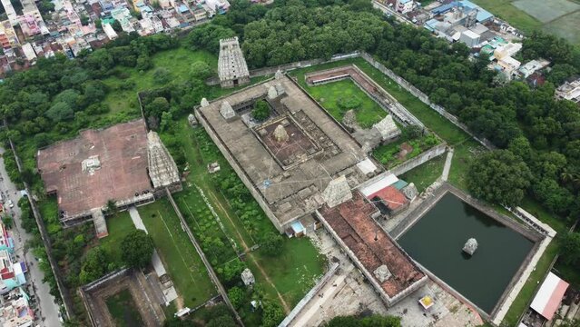 Bird's-eye view of Sri Kanchi Kamakshi Amman Temple and Kanchipuram city.  Aerial view of Hindu temple and city surrounded by it.