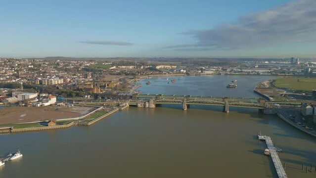 Drone panorama view of Rochester Bridge and Medway River