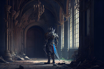A dilapidated hall, the floor of which is littered with bones, decaying weapons and treasure. A knight in shabby but luxurious medieval full armor holds a sharp sword and walks among them