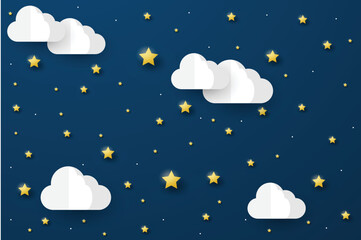 night sky with stars and moon. paper art style. Dreamy background with moon stars and clouds, abstract fantasy background. Half moon, stars and clouds on the dark night sky background.