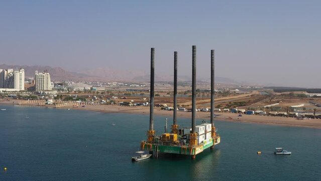 natural gas field in sea near Israel coastline and Hadatiyim beach, aerial shot