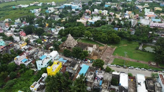 Aerial arc shot of Kailasanathar Temple, Kanchipuram, Tamil Nadu. Bird's-eye view of Kailasanathar Temple and suburban city.