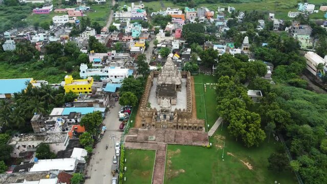 Aerial arc shot of Kailasanathar Temple, Kanchipuram, Tamil Nadu. Aerial view of Kailasanathar Temple and suburban city.