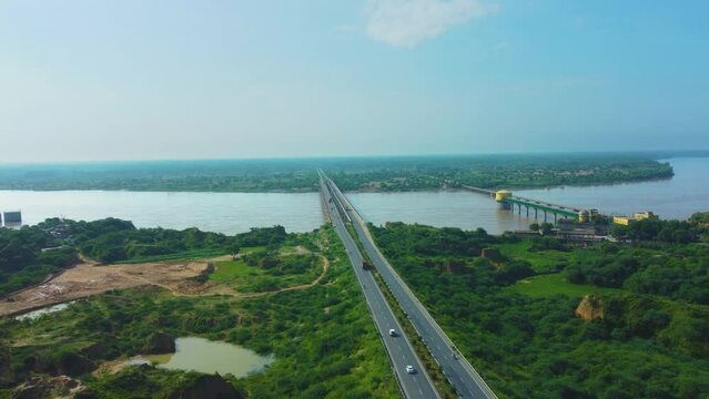 Aerial drone shot of a river bridge on chambal river , dholpur , rajasthan