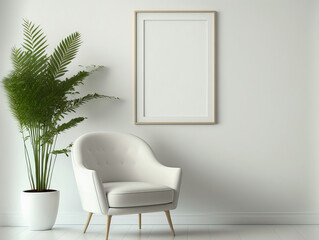 Blank Picture Frame Mockup in White Living Room Design with Chair - Home Staging and Minimalism Concept 