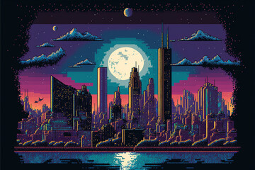 pixelated cityscape, moonrise, night, detailed, design. Generative AI