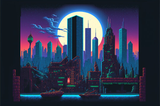 pixelated cityscape, moonrise, night, detailed, design. Generative AI