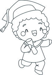 a vector of a boy holding his diploma in black and white coloring